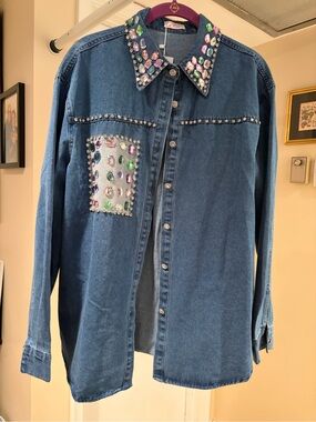 Embellished Blue Denim Blouse with Gem Collar